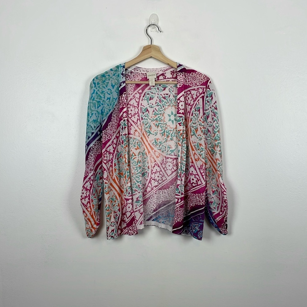 Chico's Women 1 Medium Multicolor Open Cardigan Sweater Ruched Sleeves Causal